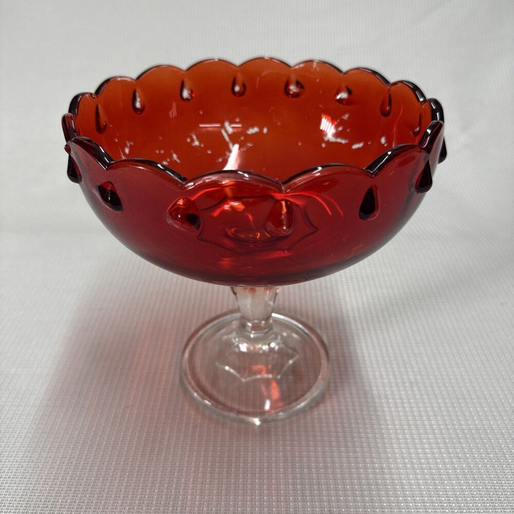 Vintage 60s Indiana Red Flash Glass 7" Compote Scalloped Teardrop Pedestal Bowl